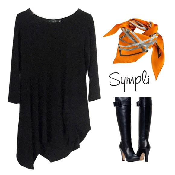SYMPLI LAGENLOOK JAGGED ASYMMETRICAL RUCHED BLACK TUNIC TOP SZ 10